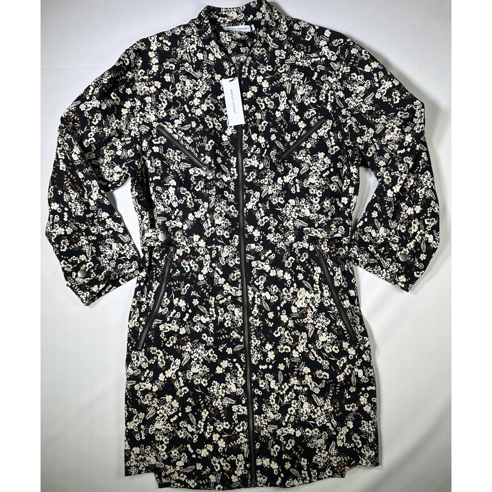 New Rebecca Minkoff Daphne Black Floral Cotton Twill Zip Up Dress Size Medium